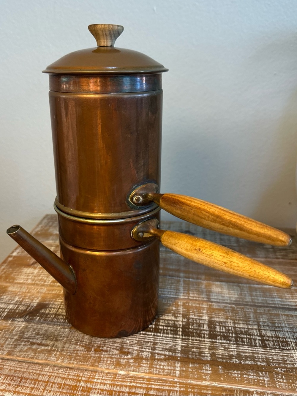 Vintage Copper /Brass Coffee Maker Pot Set Wooden Handles From Portugal - Aged